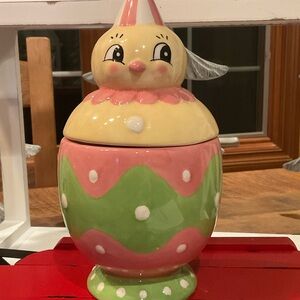 Pastel Chick Ceramic Jar - Pink, Yellow & Green Decorative Canister